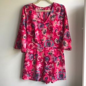 Bright Pink Floral Romper with Bell Sleeves